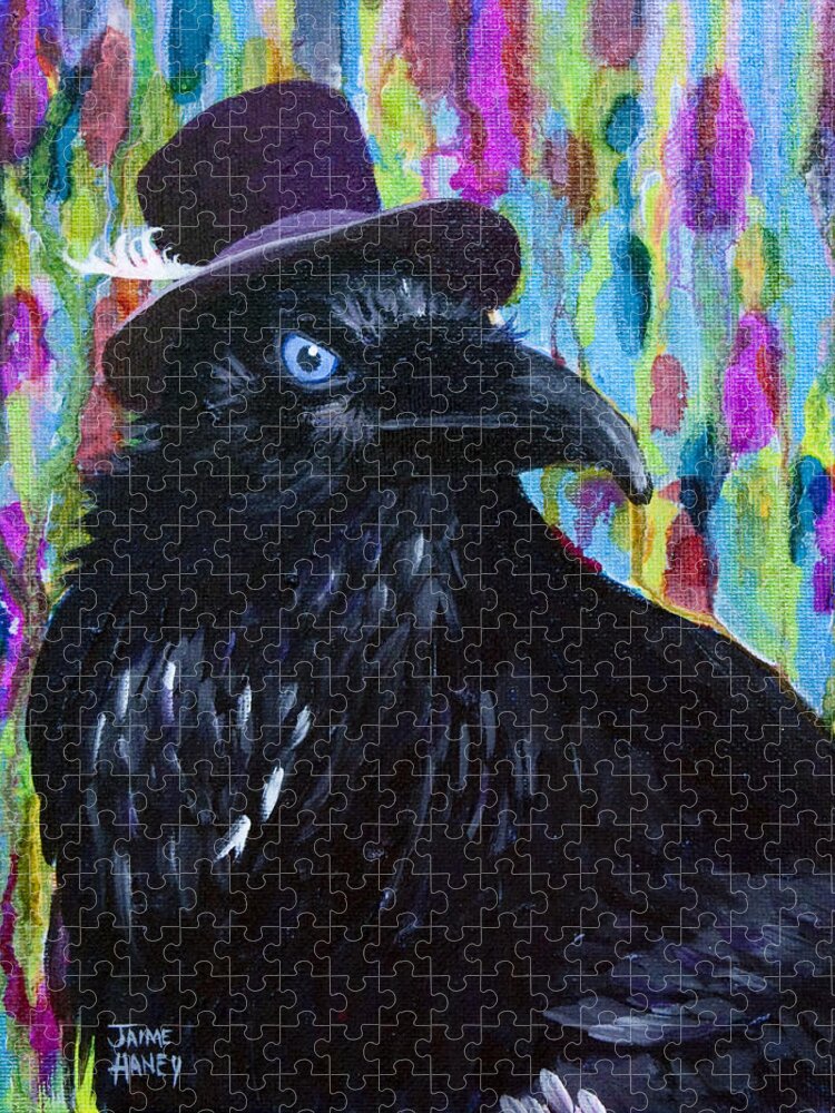 Raven Jigsaw Puzzle featuring the painting Beautiful Dreamer Black Raven Crow 8x10 mixed media by Jaime Haney by Jaime Haney