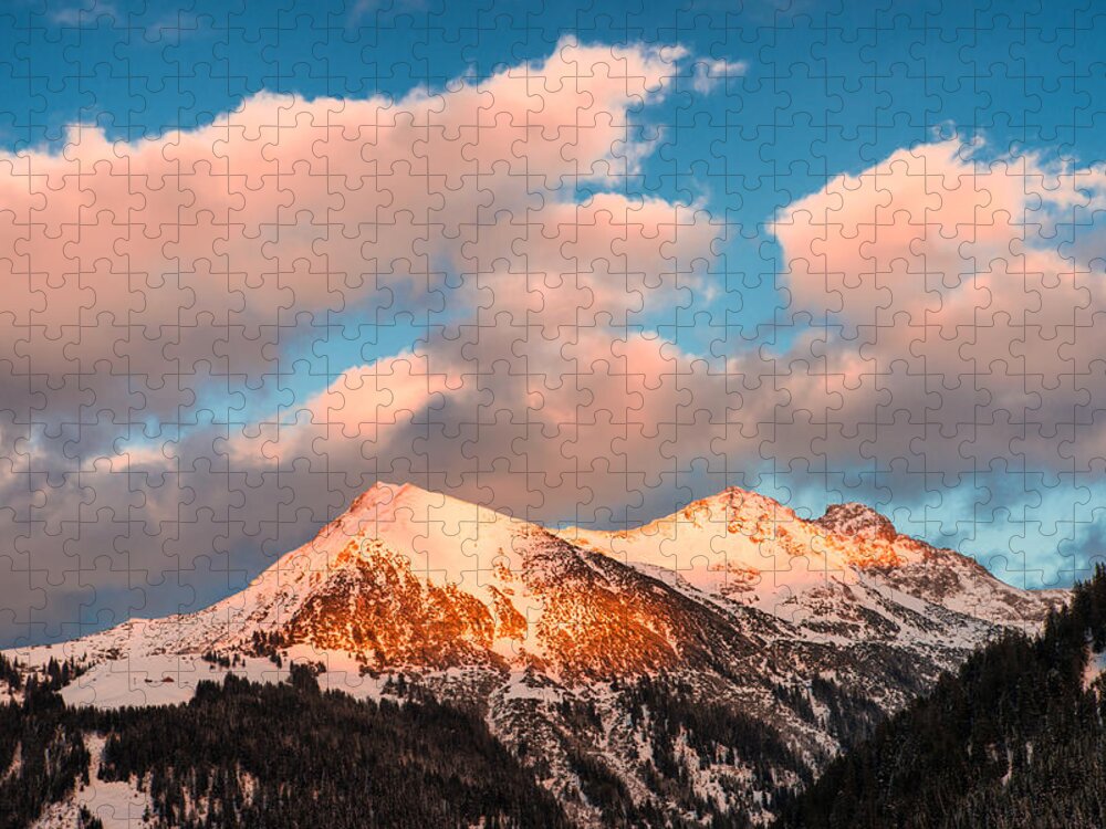 Mountains Jigsaw Puzzle featuring the photograph Beautiful mountains in the alps before sunset warm red colors by Matthias Hauser