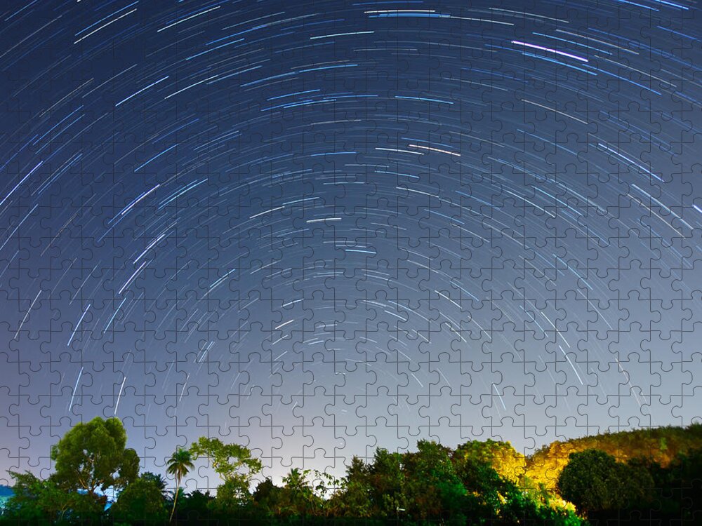 Long Jigsaw Puzzle featuring the photograph Beautiful Star Trails Above Tropical by Primeimages