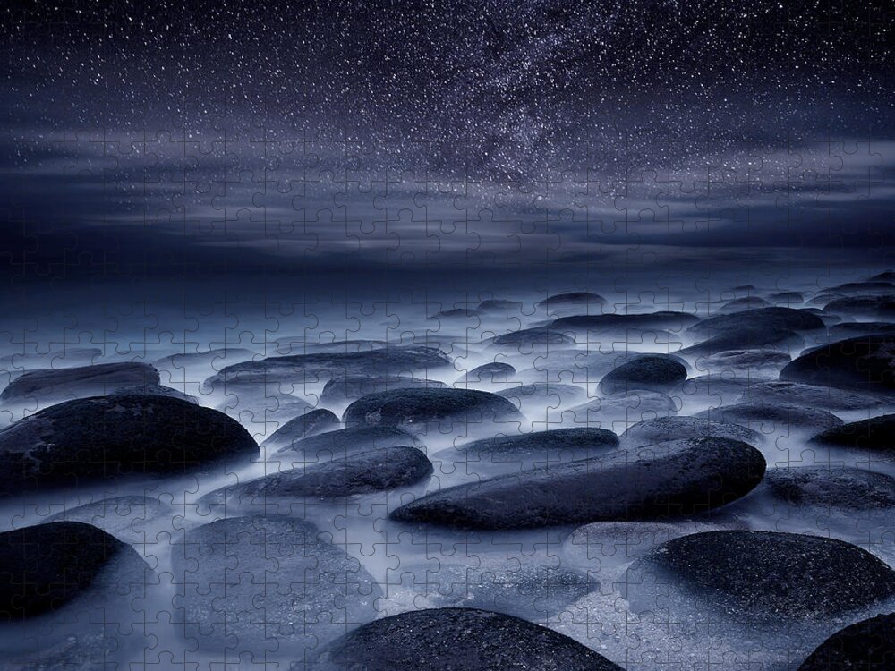 Night Beach Stars Portugal Waterscape Mood Ocean Scenic Landscape Sea Rocks Water Seascape Clouds Blue Longexposure Nature Europe European Milky Way Jigsaw Puzzle featuring the photograph Beyond our Imagination by Jorge Maia