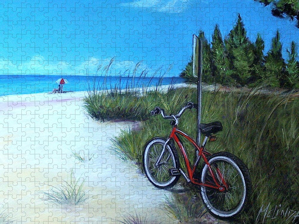 Bicycle Jigsaw Puzzle featuring the painting Bicycle on Sanibel Beach by Melinda Saminski