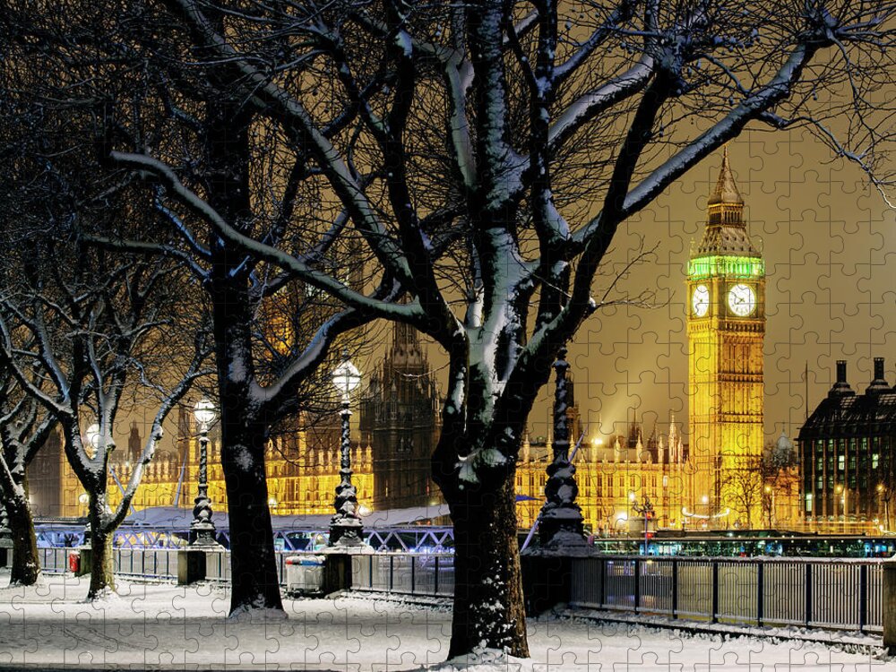 Tranquility Jigsaw Puzzle featuring the photograph Big Ben And Houses Of Parliament In Snow by Shomos Uddin