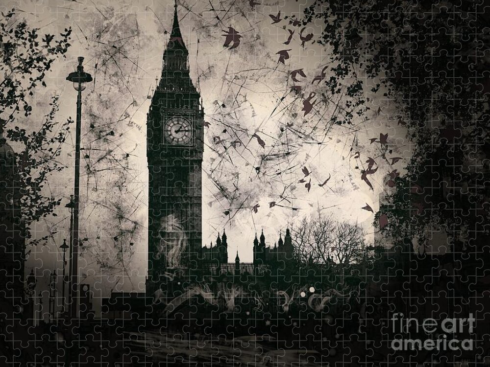 Big Ben Jigsaw Puzzle featuring the digital art Big Ben Black and White by Marina McLain