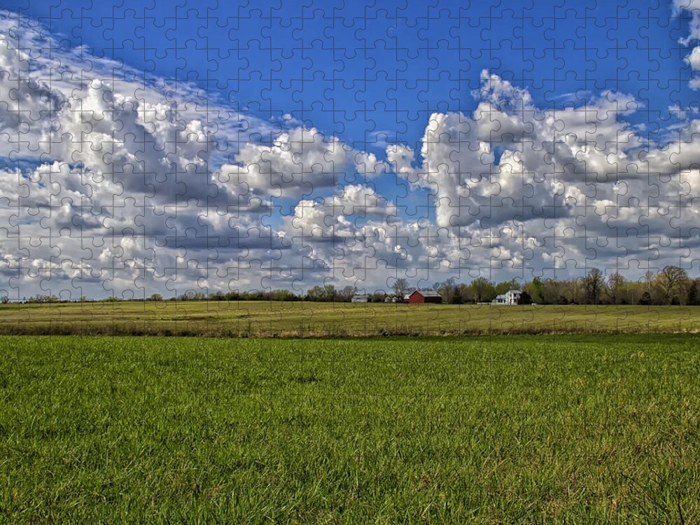 Field Jigsaw Puzzle featuring the photograph Billow Skies on Green by Bill and Linda Tiepelman