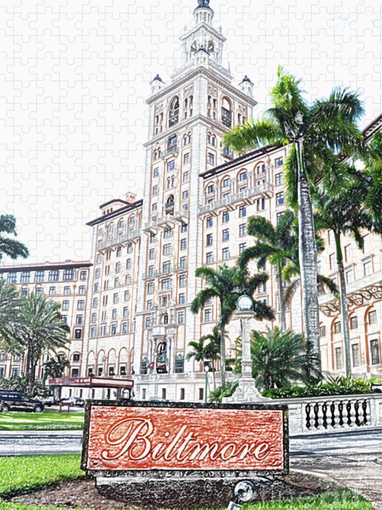 Biltmore Jigsaw Puzzle featuring the digital art Biltmore Hotel Facade and Sign Coral Gables Miami Florida Colored Pencil Digital Art by Shawn O'Brien