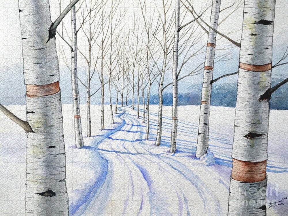Birch Jigsaw Puzzle featuring the painting Birch Trees Along the Curvy Road by Christopher Shellhammer