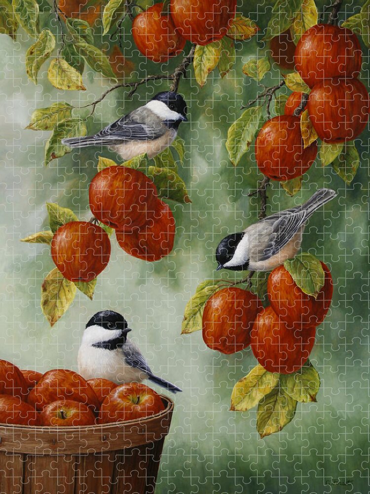 Birds Jigsaw Puzzle featuring the painting Bird Painting - Apple Harvest Chickadees by Crista Forest