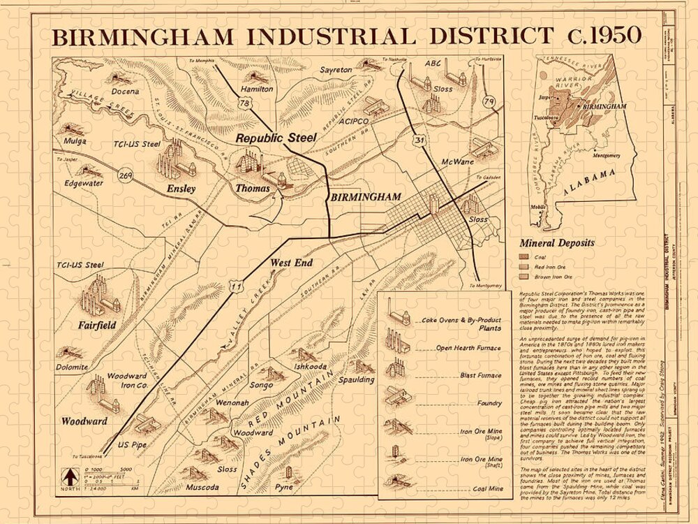 Map Jigsaw Puzzle featuring the drawing Birmingham Alabama Industrial District 1950 by Mountain Dreams