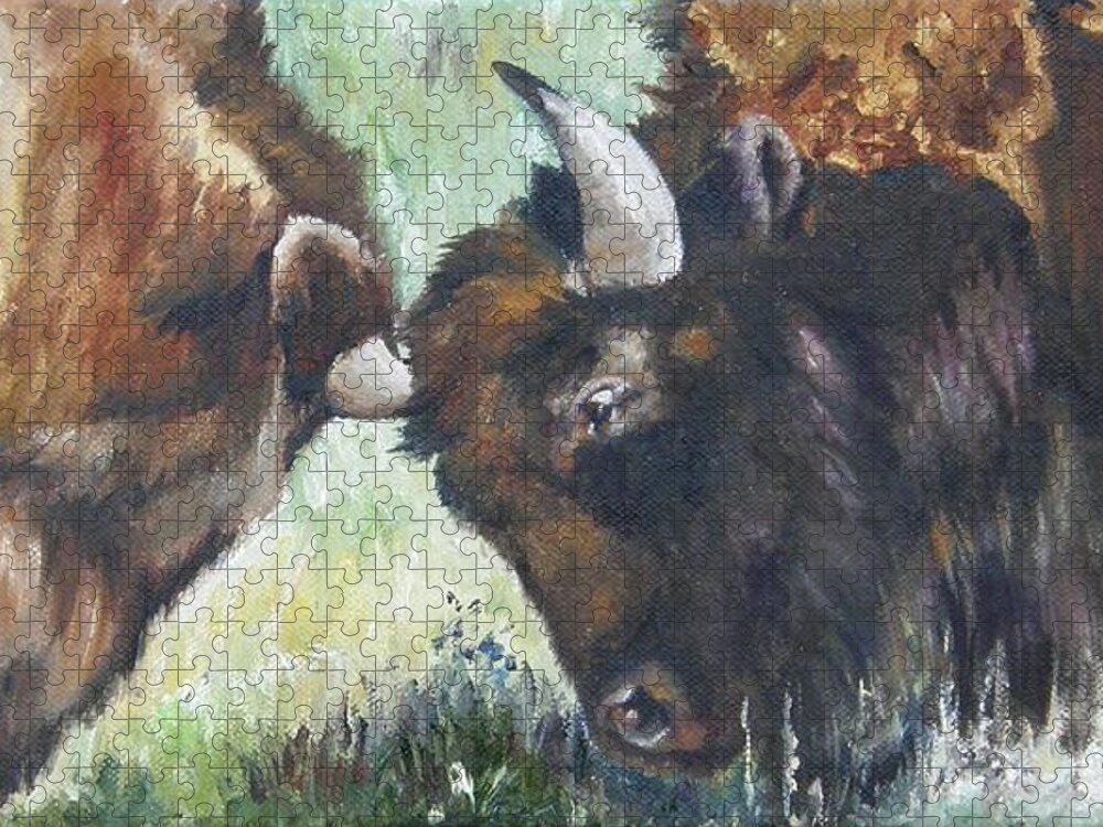 Lori Brackett Jigsaw Puzzle featuring the painting Bison Brawl by Lori Brackett