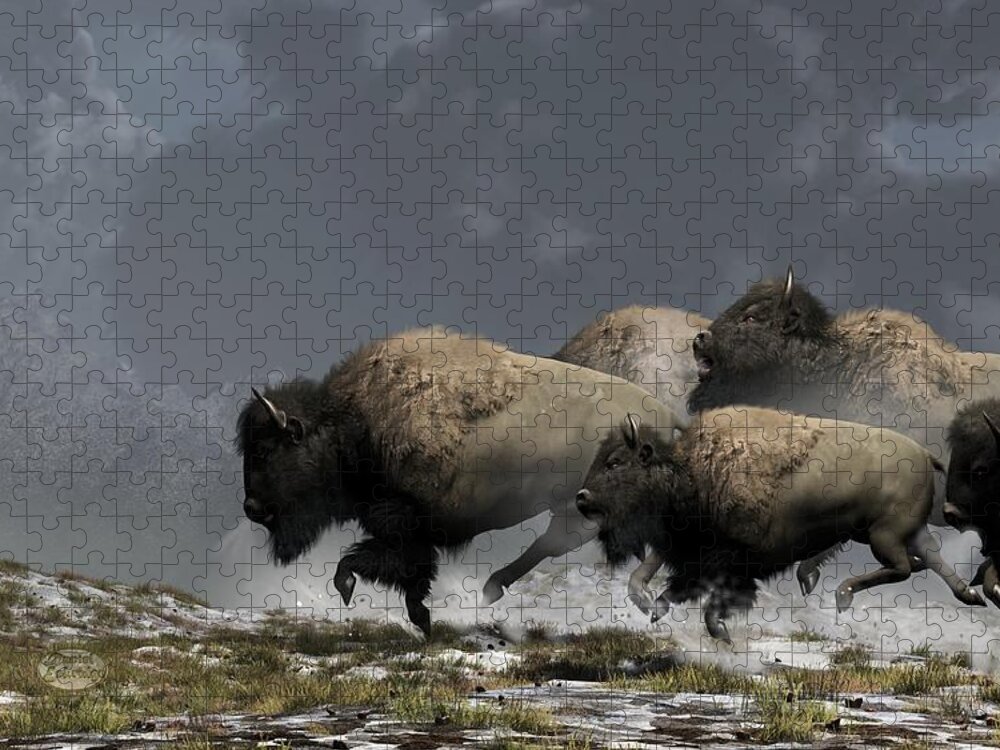 Bison Jigsaw Puzzle featuring the digital art Bison Stampede by Daniel Eskridge