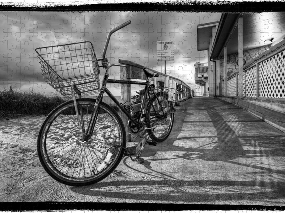 Clouds Jigsaw Puzzle featuring the photograph Black and White Beach Bike by Debra and Dave Vanderlaan