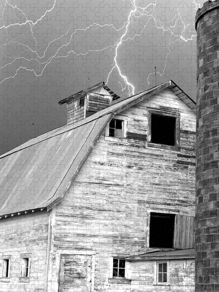 Lightning Jigsaw Puzzle featuring the photograph Black and white Old Barn Lightning Strikes by James BO Insogna