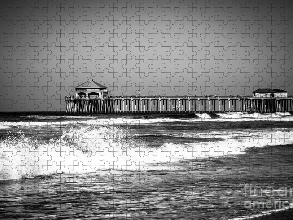 America Jigsaw Puzzle featuring the photograph Black and White Picture of Huntington Beach Pier by Paul Velgos