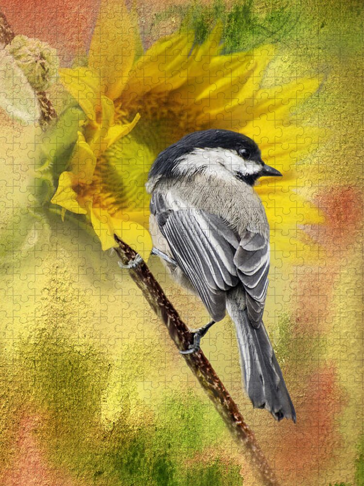 Bird Jigsaw Puzzle featuring the photograph Black Capped Chickadee Checking Out The Sunflowers by Diane Schuster