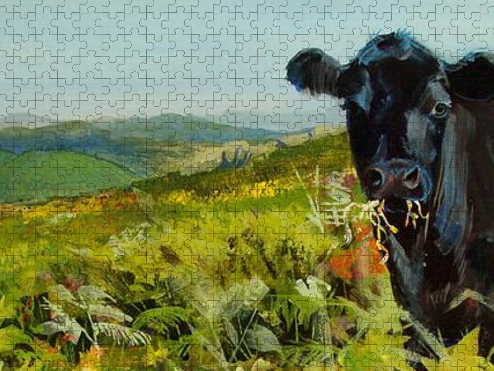 Dartmoor Jigsaw Puzzle featuring the painting Black Cow Dartmoor by Mike Jory