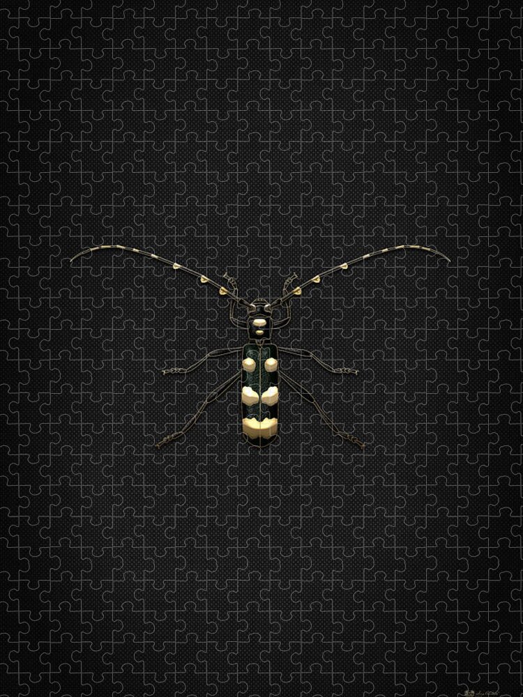 'beasts Creatures And Critters' Collection By Serge Averbukh Jigsaw Puzzle featuring the digital art Black Longhorn Beetle with Gold Accents on Black Canvas by Serge Averbukh