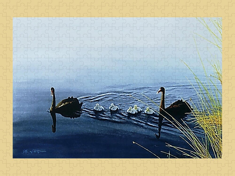 Black Swans Jigsaw Puzzle featuring the painting Black Swans by Hartmut Jager