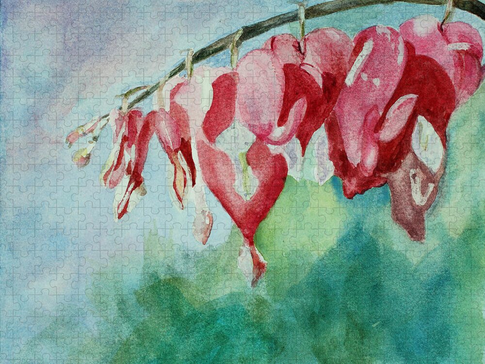 Watercolor Jigsaw Puzzle featuring the painting Bleeding Hearts by Mary Benke