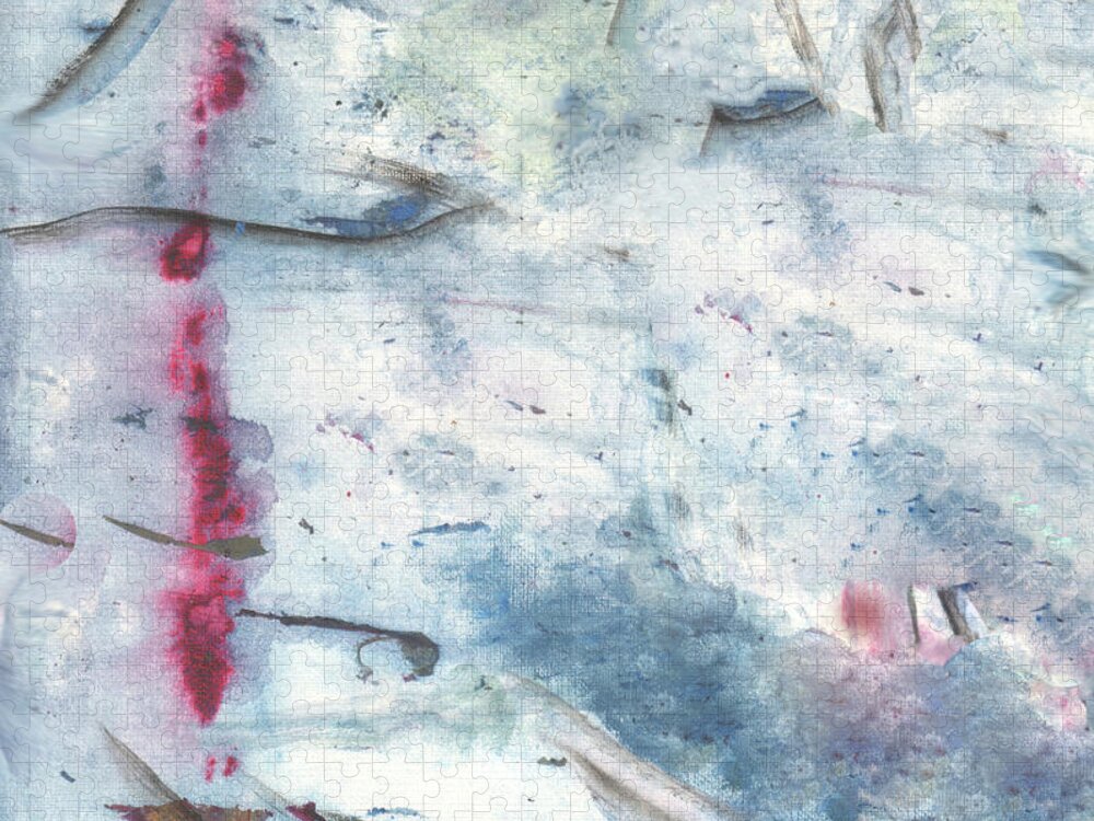 Watercolor Painting Jigsaw Puzzle featuring the digital art Blood In The Snow. White-blue Background by Hanna Furs