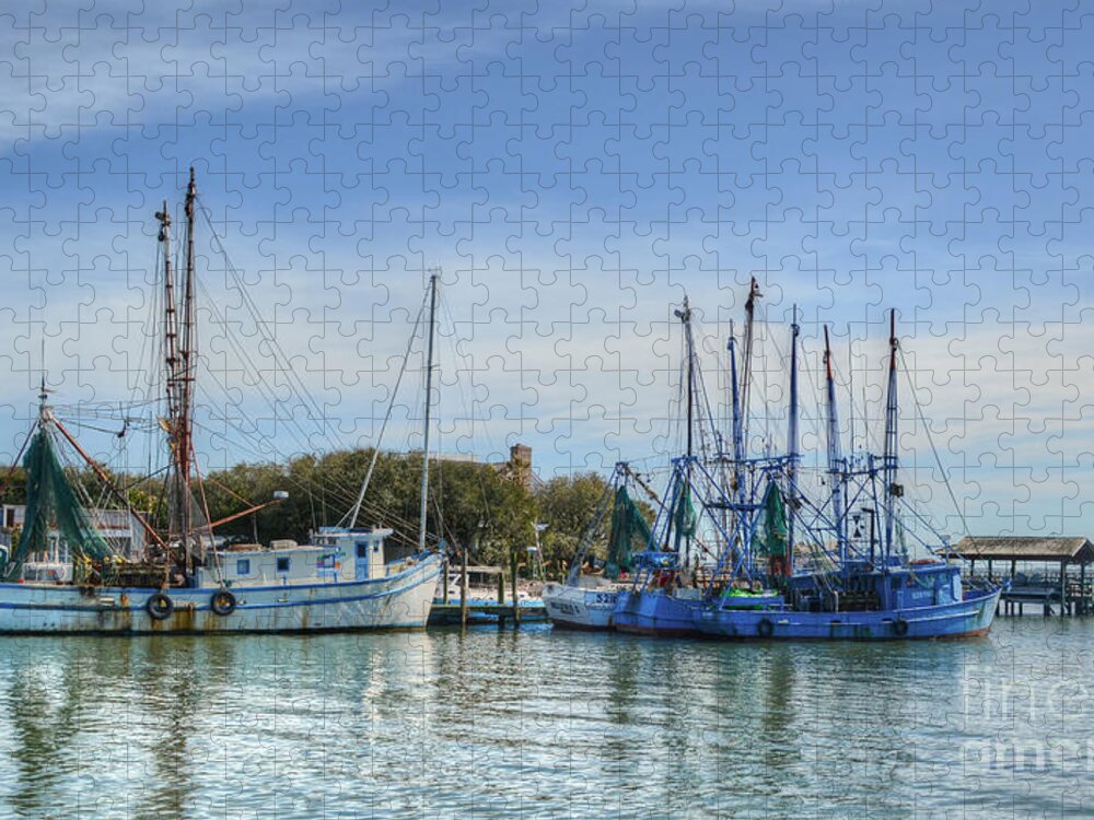 Boats Jigsaw Puzzle featuring the photograph Blue Chinese Shrimping Boats by Kathy Baccari