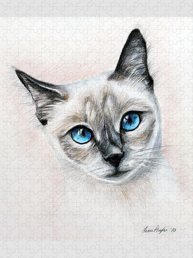 Cat Jigsaw Puzzle featuring the drawing Blue Eyes by Lena Auxier