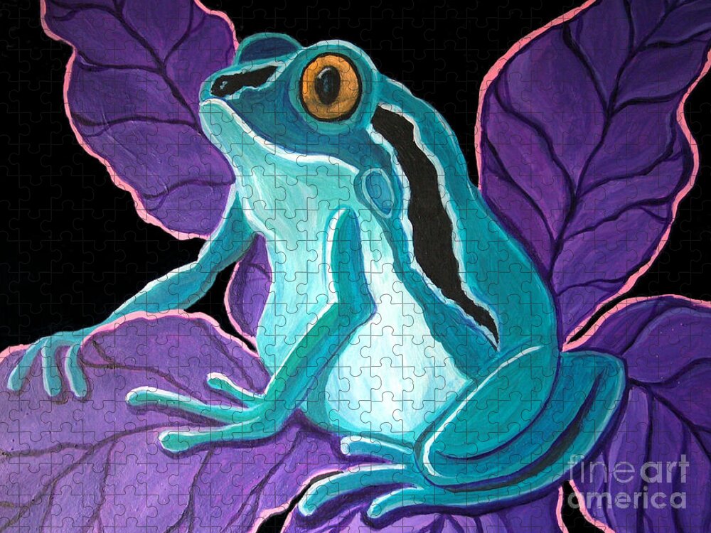 Frog Art Jigsaw Puzzle featuring the painting Blue Frog purple flower by Nick Gustafson