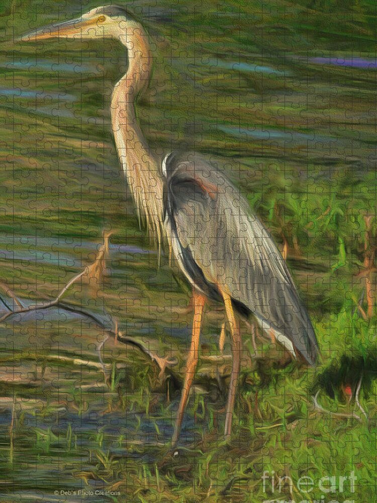 Heron Jigsaw Puzzle featuring the painting Blue Heron On The bank by Deborah Benoit