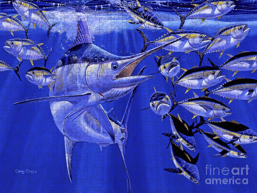 Blue Marlin Jigsaw Puzzle featuring the painting Blue marlin round up Off0031 by Carey Chen