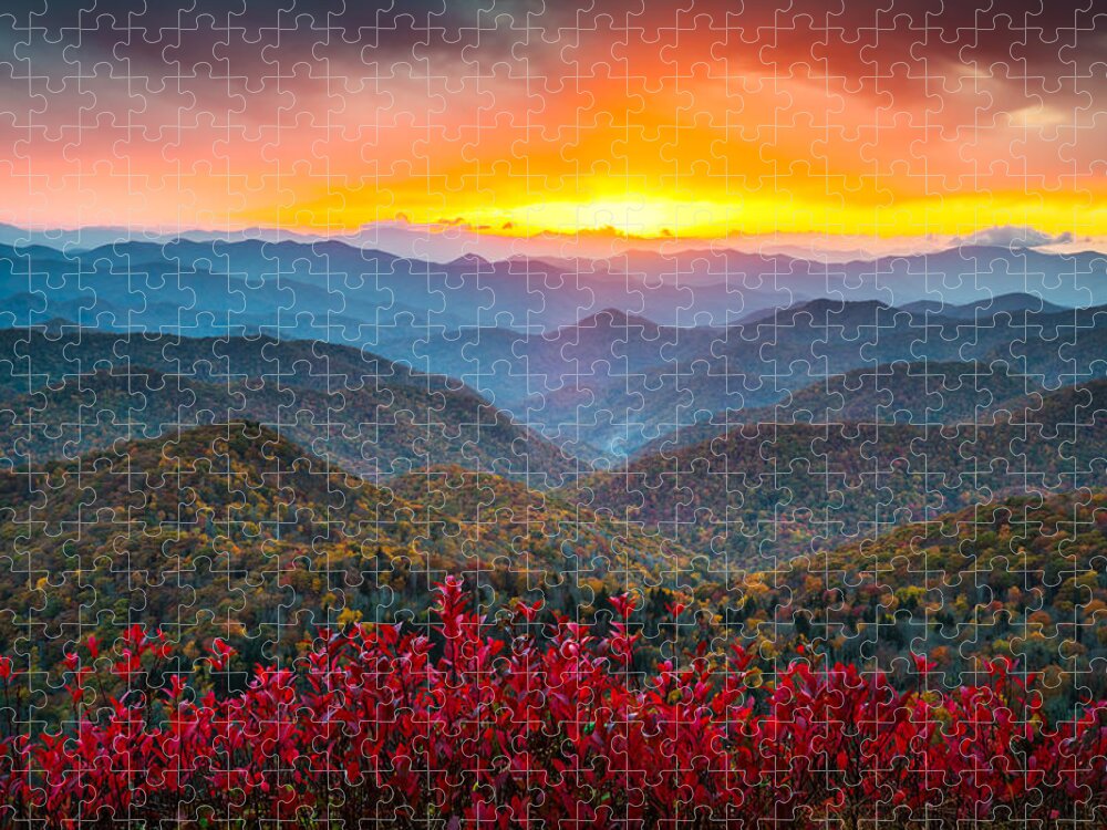 Blue Ridge Parkway Jigsaw Puzzle featuring the photograph Blue Ridge Parkway Autumn Sunset NC - Rapture by Dave Allen