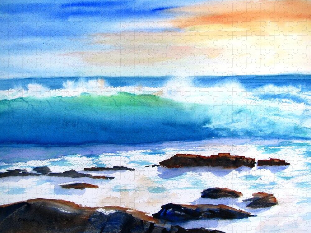 Ocean Jigsaw Puzzle featuring the painting Blue Water Wave crashing on Rocks by Carlin Blahnik CarlinArtWatercolor