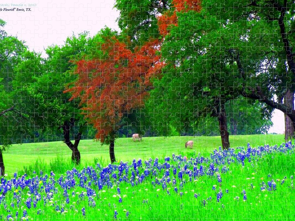 Spring Landscape Bluebonnets Jigsaw Puzzle featuring the digital art Bluebonnets With Red Flourish by Pamela Smale Williams