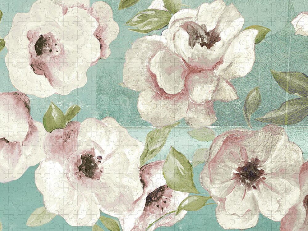 Blush Jigsaw Puzzle featuring the painting Blush Flowers On Teal by Patricia Pinto