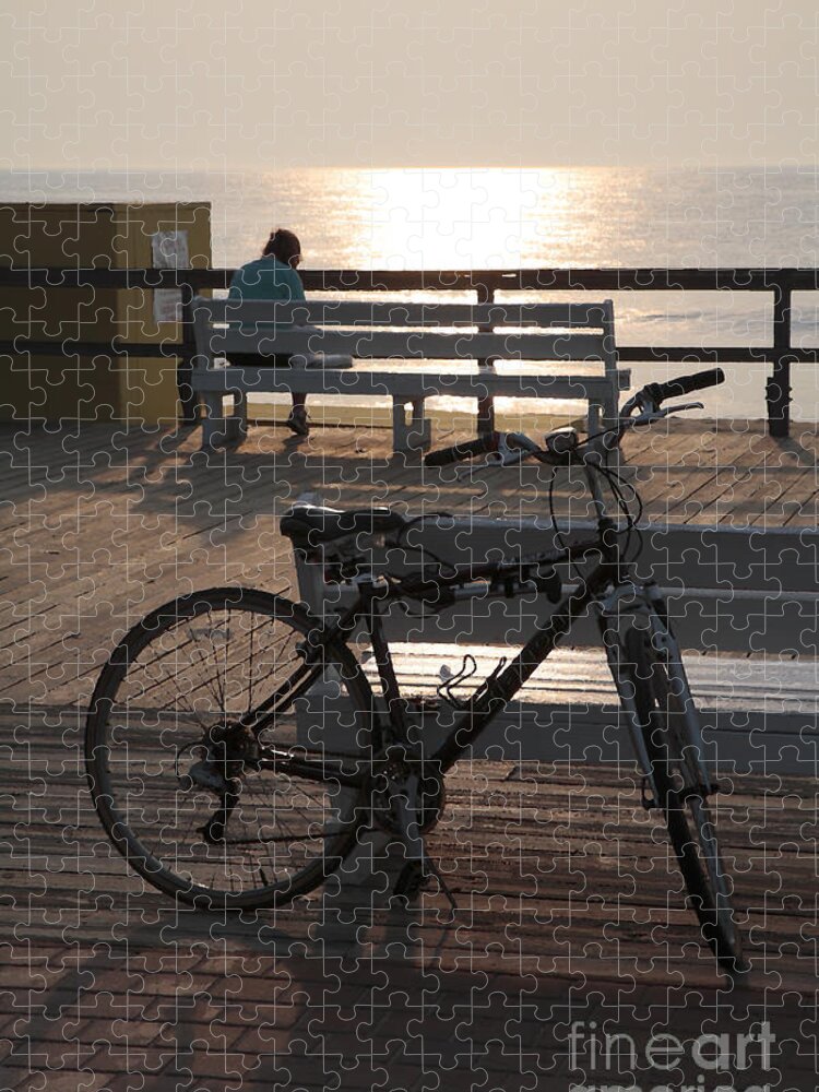 Bike Jigsaw Puzzle featuring the digital art Boardwalk Bicycle at Sunrise with watercolor effect by William Kuta