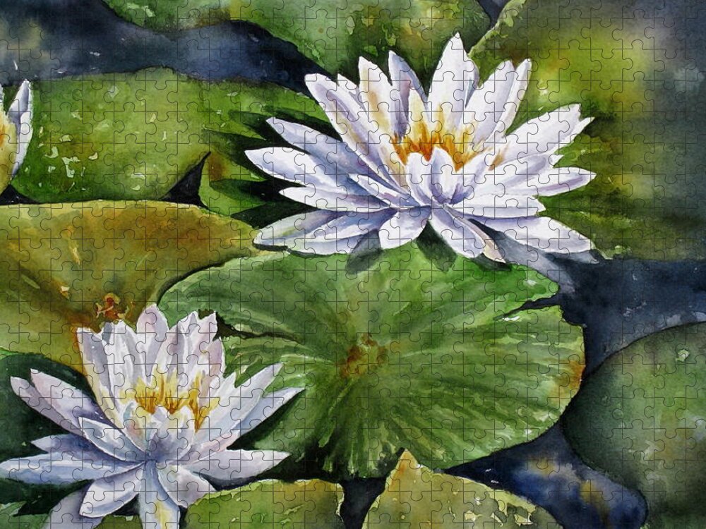 Water Lilies Jigsaw Puzzle featuring the painting Boardwalk Lilies by Mary McCullah