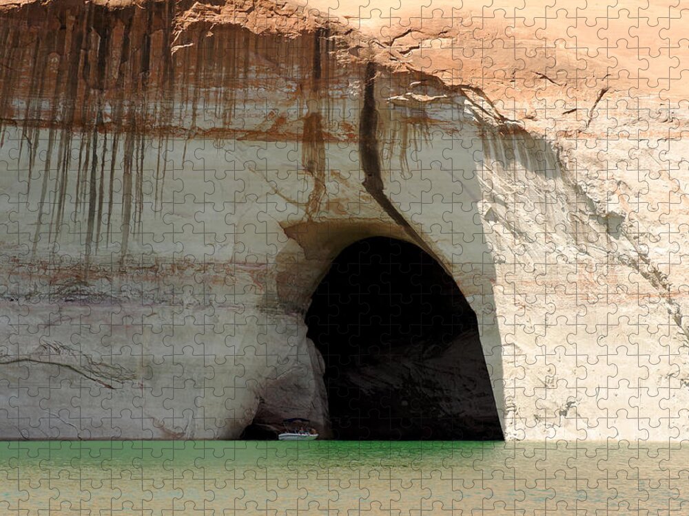 Water Jigsaw Puzzle featuring the photograph Boat at Cave Entrance by Julie Niemela