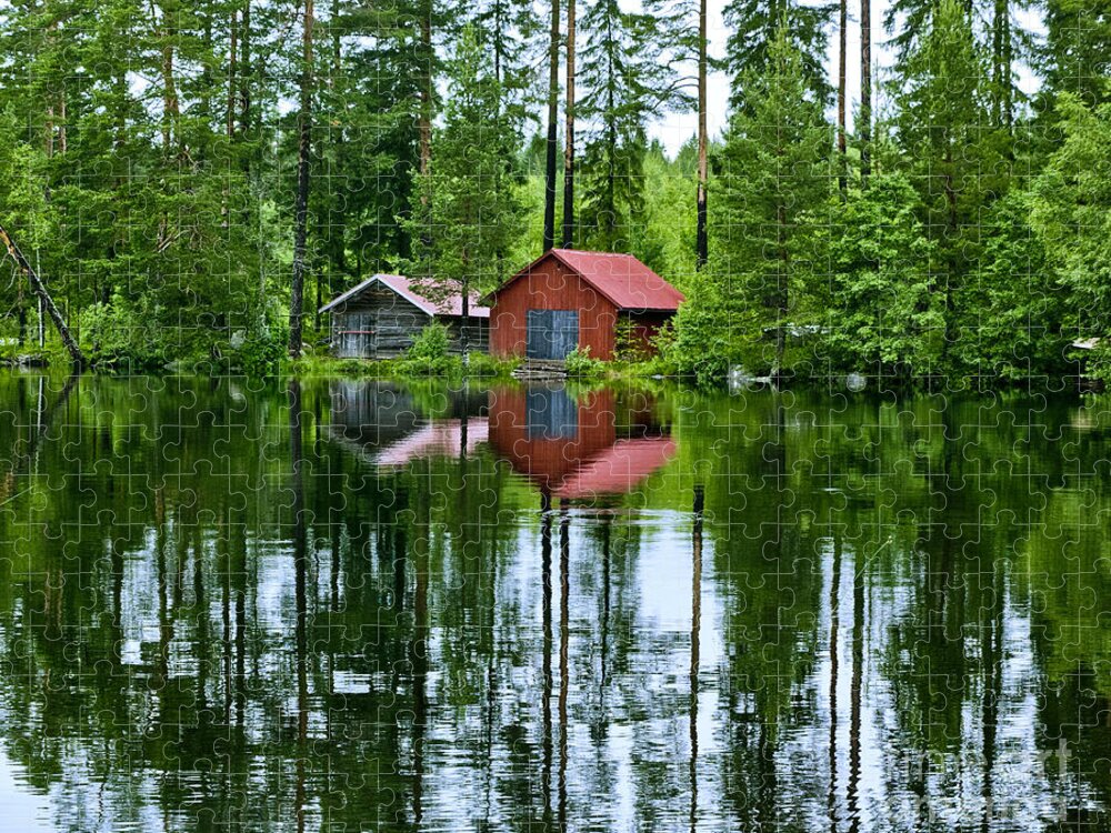 Boat House Jigsaw Puzzle featuring the photograph Boat house on Swedish lake by Micah May