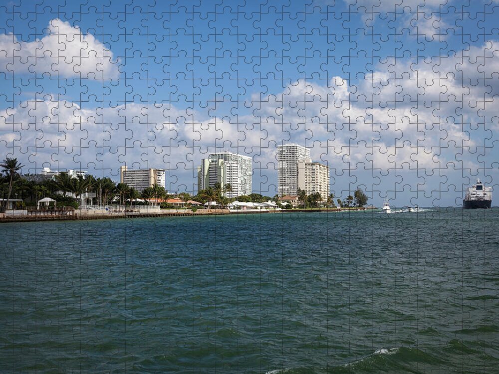 Container Ship Jigsaw Puzzle featuring the photograph Boats And Cargo Ship, Ft. Lauderdale by Juan Silva