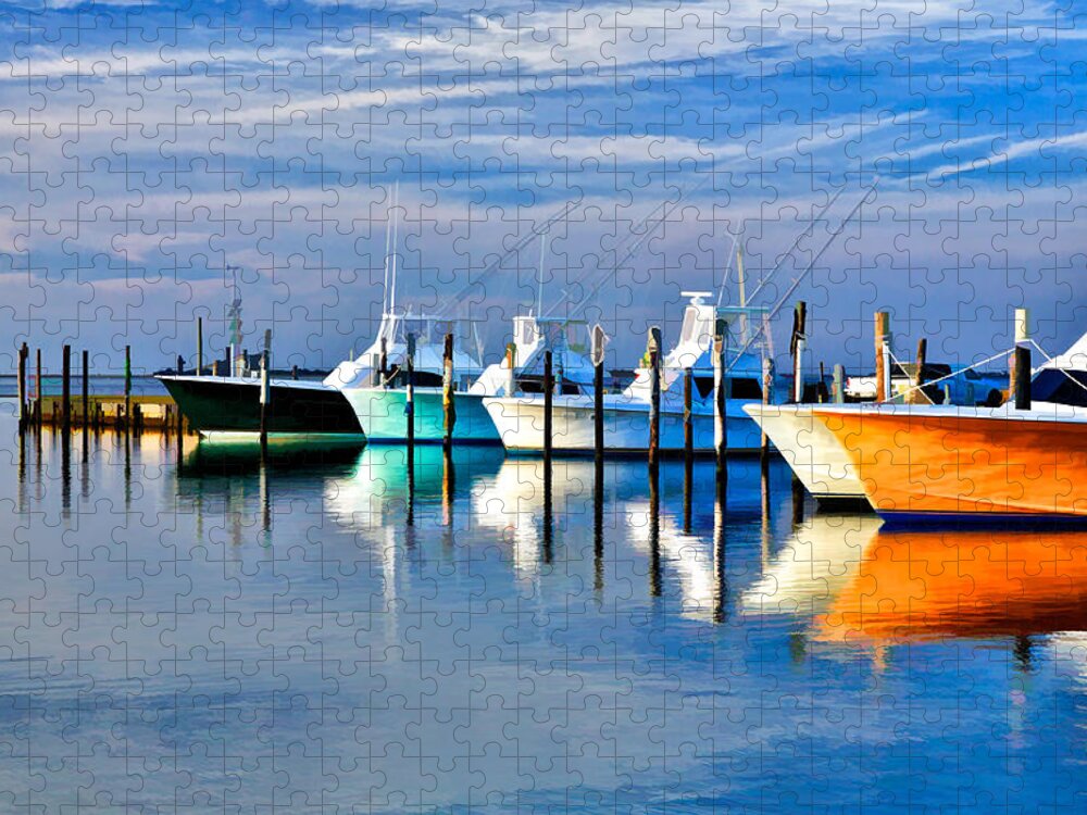 Outer Banks Jigsaw Puzzle featuring the painting Boats at Oregon Inlet Outer Banks II by Dan Carmichael