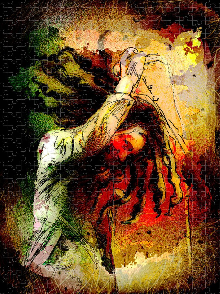 Bob Marley Jigsaw Puzzle featuring the painting Bob Marley Madness 07 by Miki De Goodaboom