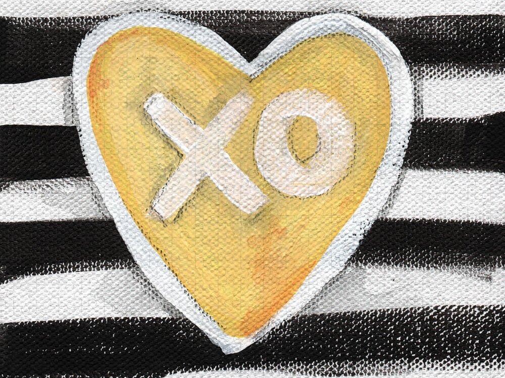 Love Heart Valentine Romance Stripes Black White Yellow Grey Pop Art Contemporary Art Watercolor Ink Painting Xo Family Friend Wife Husband Bedroom Art Kitchen Art Living Room Art Gallery Wall Art Art For Interior Designers Hospitality Art Set Design Wedding Gift Art By Linda Woodspillow Jigsaw Puzzle featuring the painting Bold Love by Linda Woods