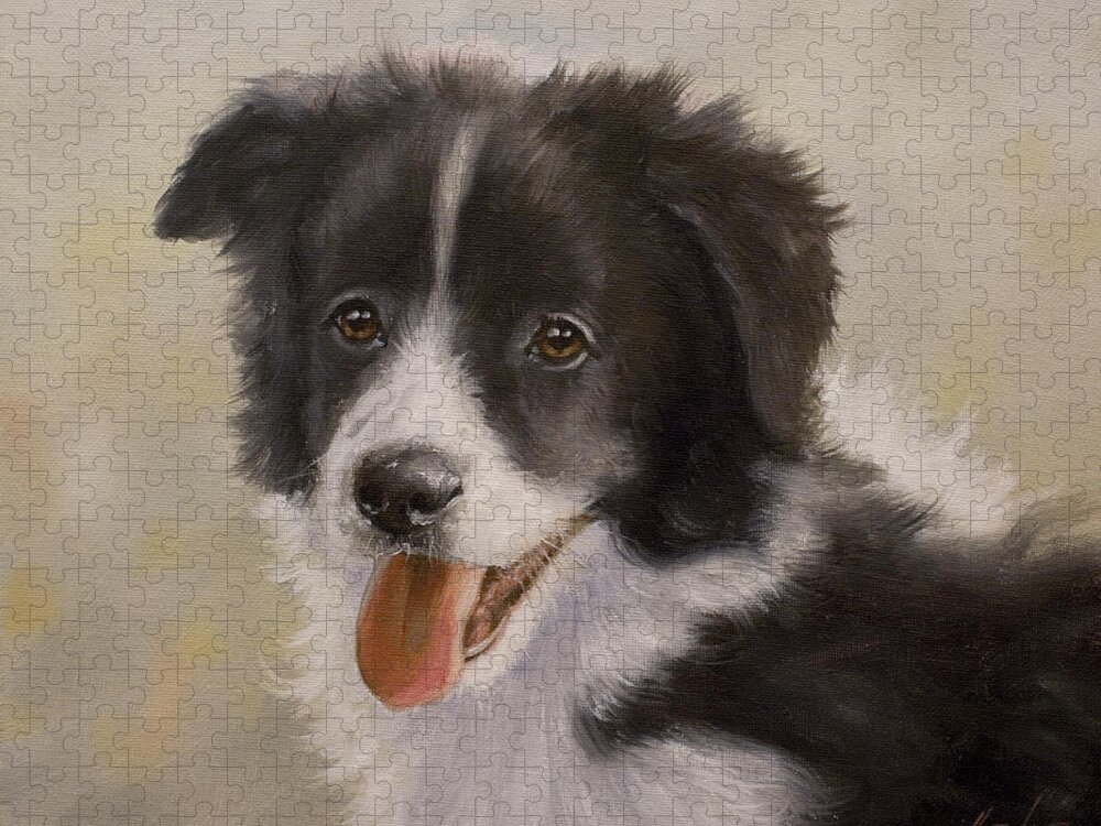 Border Collie Jigsaw Puzzle featuring the painting Border Collie pup portrait IV by John Silver