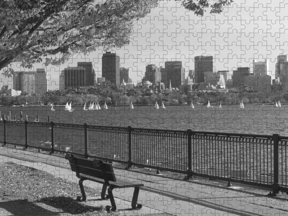 Boston Jigsaw Puzzle featuring the photograph Boston Charles River black and white by John Burk