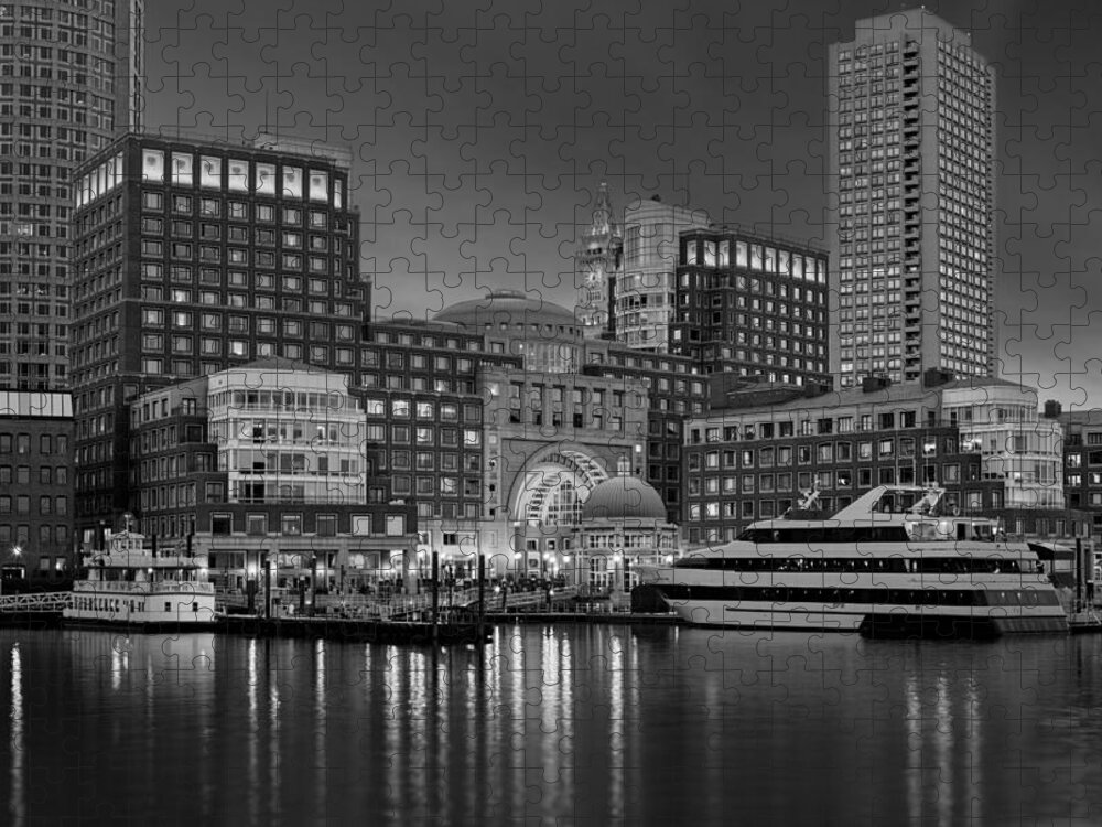 Boston Jigsaw Puzzle featuring the photograph Boston Harbor Skyline and Financial District BW by Susan Candelario