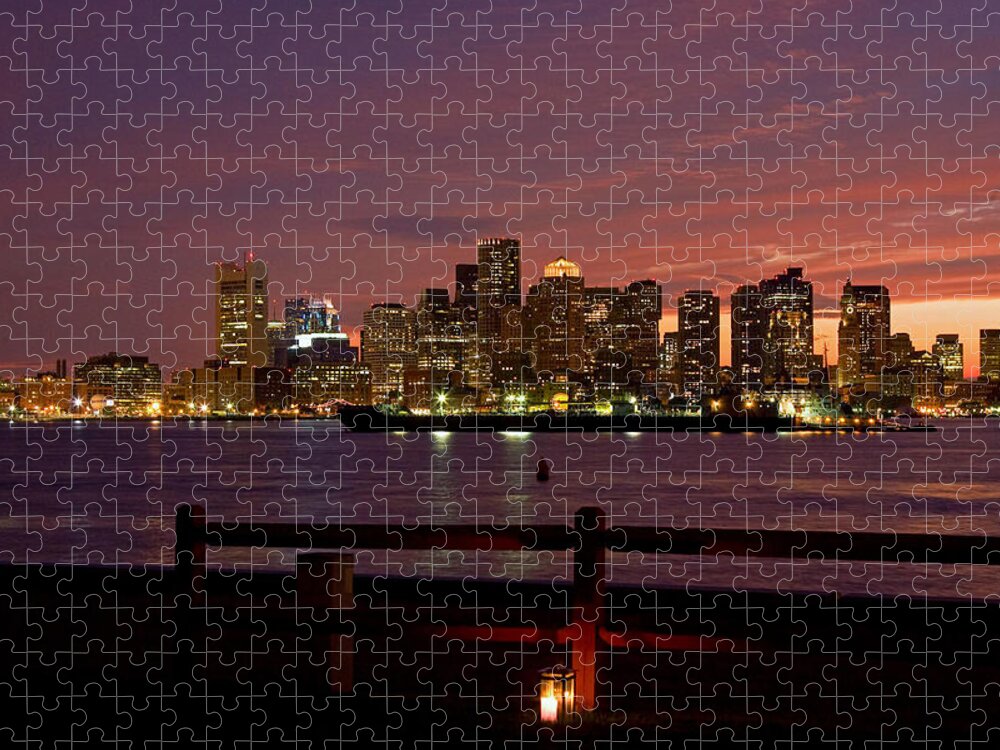 Boston Harbor Jigsaw Puzzle featuring the photograph Boston skyline sunset by Jeff Folger