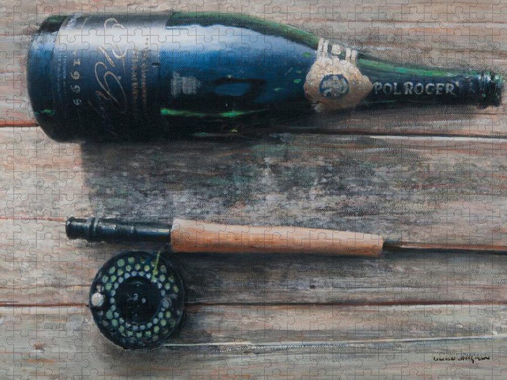 Bottle; Bottles; Champagne; Champagne Bottle; Rod; Fishing; Fishing Rod; Celebration; Planks Jigsaw Puzzle featuring the painting Bottle and Rod I by Lincoln Seligman