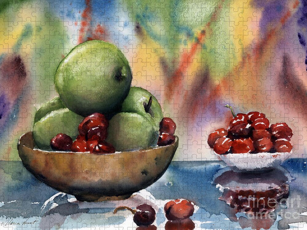 Apples And Cherries Jigsaw Puzzle featuring the painting Apples in a Wooden Bowl With Cherries on the Side by Maria Hunt