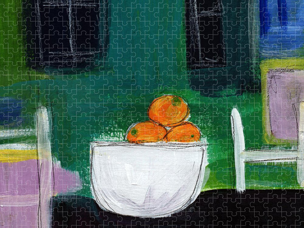 Oranges Jigsaw Puzzle featuring the painting Bowl of Oranges- Abstract Still Life Painting by Linda Woods