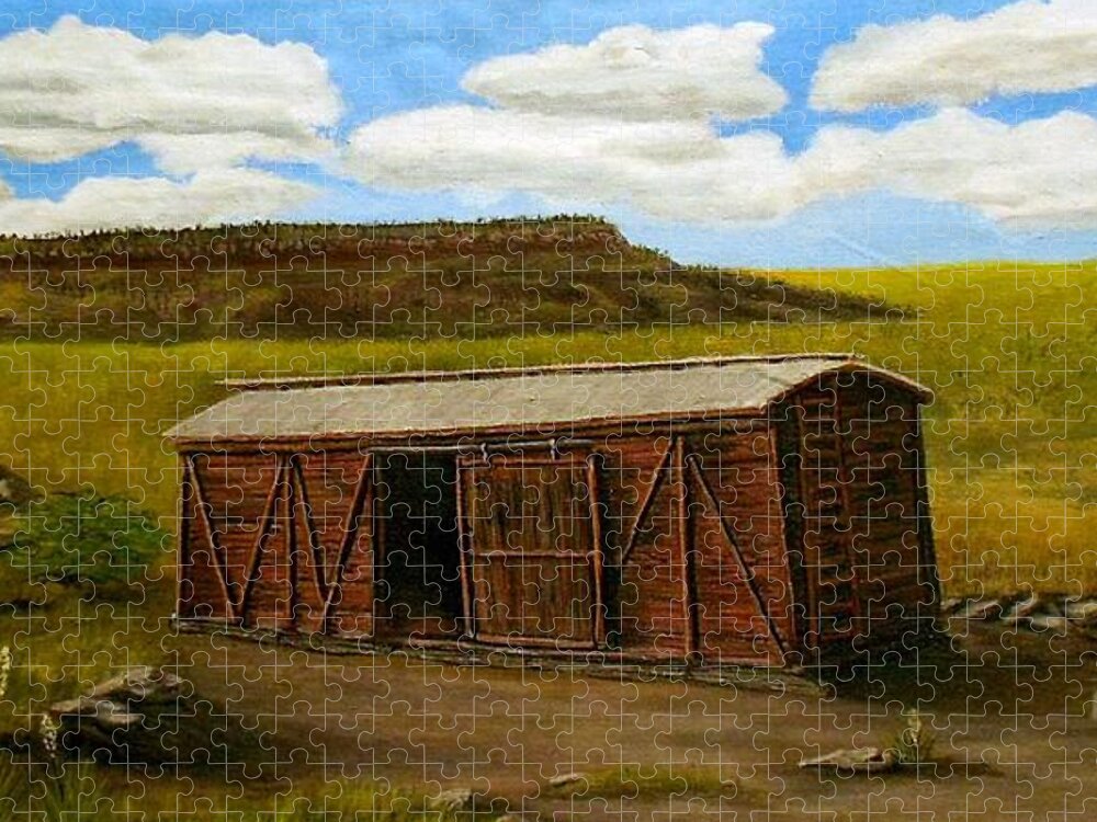 Boxcar Jigsaw Puzzle featuring the painting Boxcar on the Plains by Sheri Keith