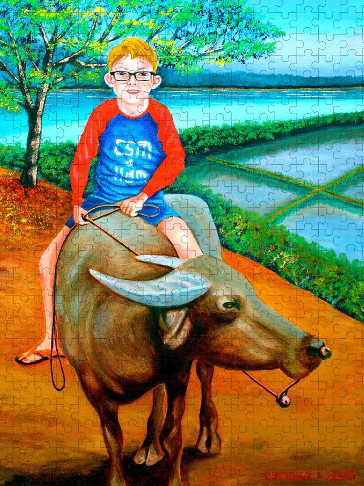 All Products Jigsaw Puzzle featuring the painting Boy Riding A Carabao by Lorna Maza