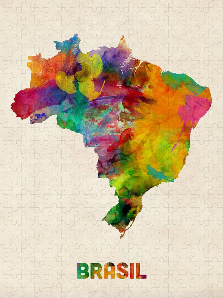 Map Art Jigsaw Puzzle featuring the digital art Brazil Watercolor Map by Michael Tompsett